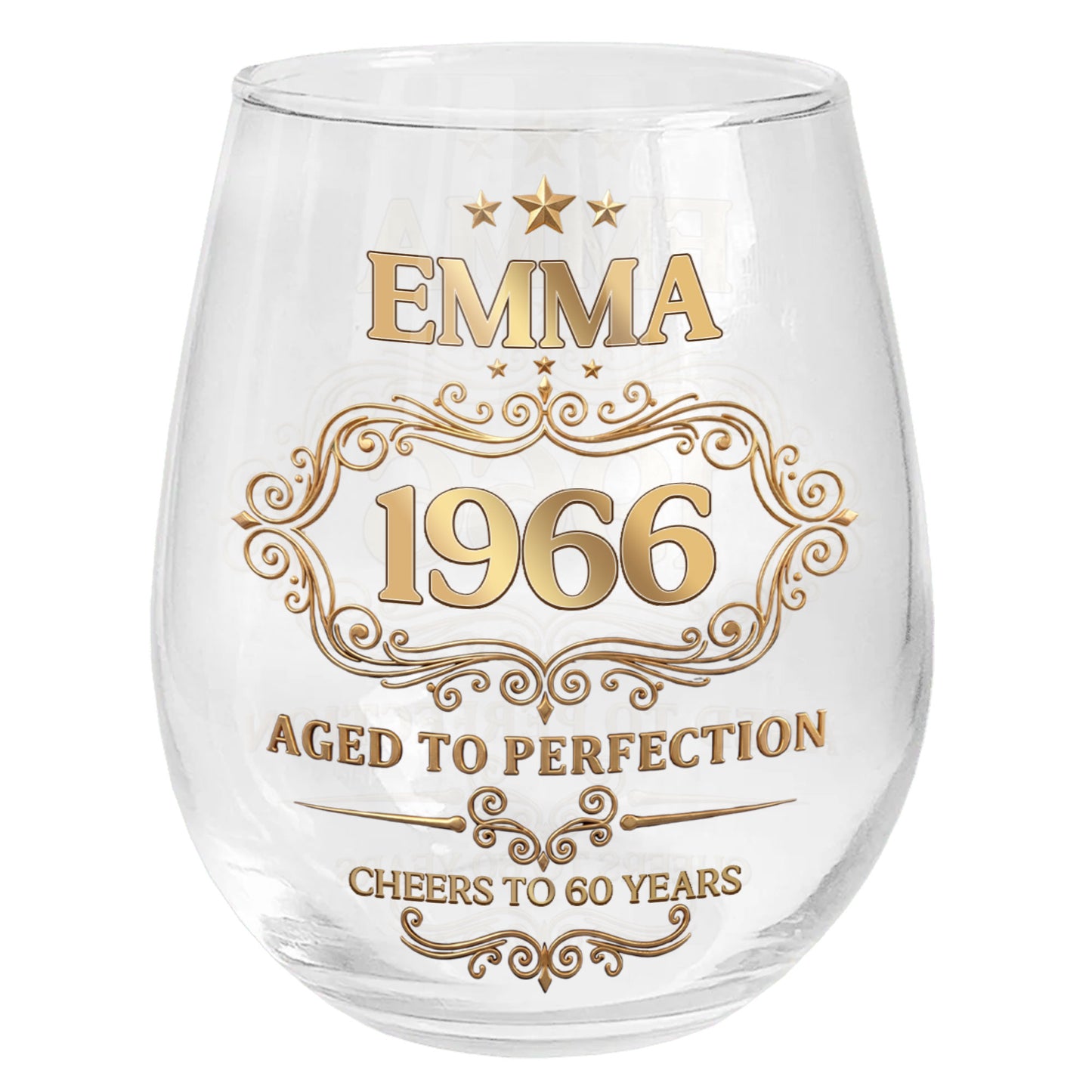 Aged To Perfection Cheers To Many Years Gold Stars And Filigree - Personalized Stemless Wine Glass - BDAY038_WIGL