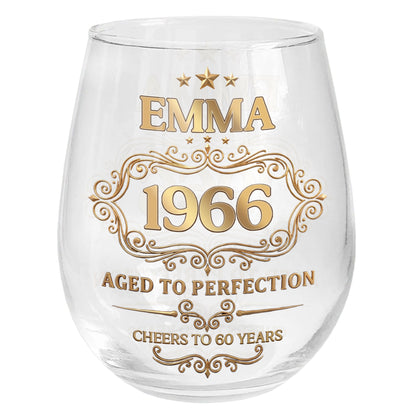 Aged To Perfection Cheers To Many Years Gold Stars And Filigree - Personalized Stemless Wine Glass - BDAY038_WIGL