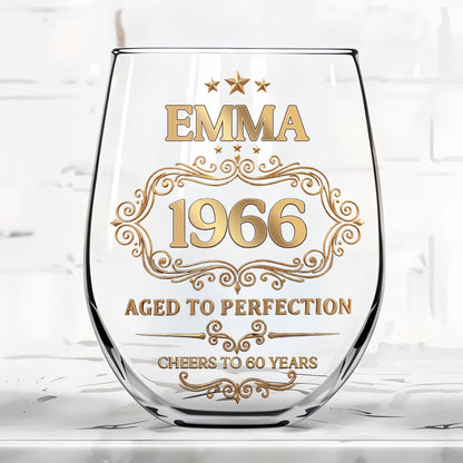 Aged To Perfection Cheers To Many Years Gold Stars And Filigree - Personalized Stemless Wine Glass - BDAY038_WIGL