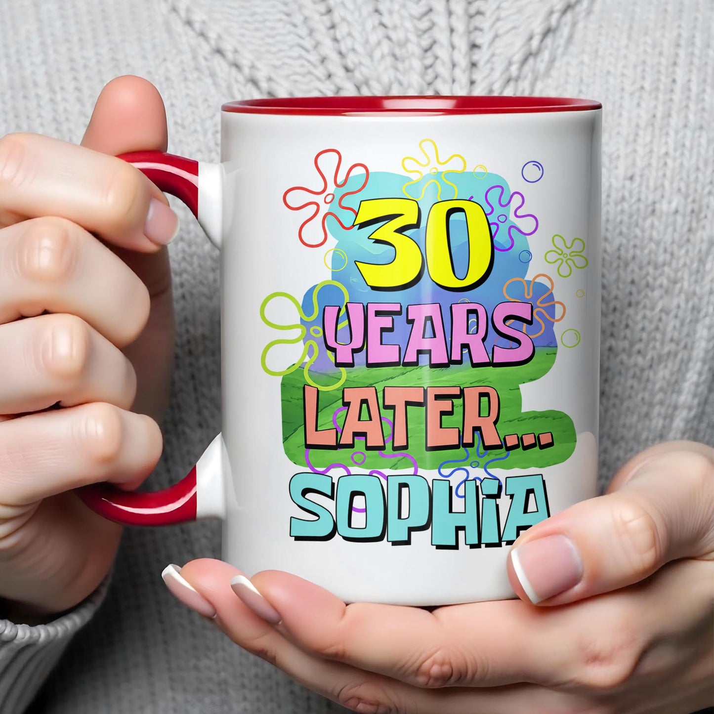 Years Later Personalized Birthday Mug With Colorful Flowers And Bubbles - Personalized Custom Accent Mug - BDAY053_AMUG
