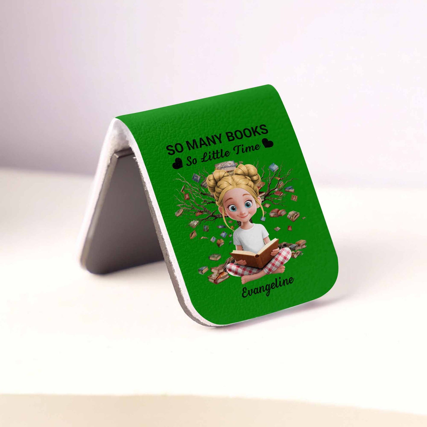 So Many Books So Little Time, Girl Reading Among Leaves - Personalized Custom Leather Bookmark - BLV007_LBMARK