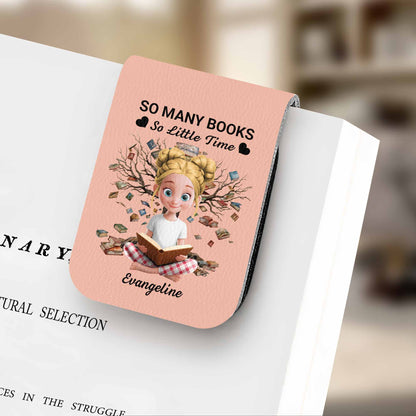 So Many Books So Little Time, Girl Reading Among Leaves - Personalized Custom Leather Bookmark - BLV007_LBMARK