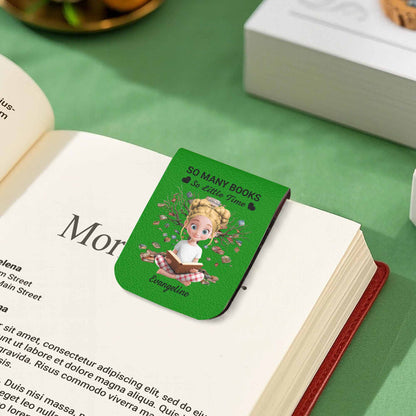 So Many Books So Little Time, Girl Reading Among Leaves - Personalized Custom Leather Bookmark - BLV007_LBMARK