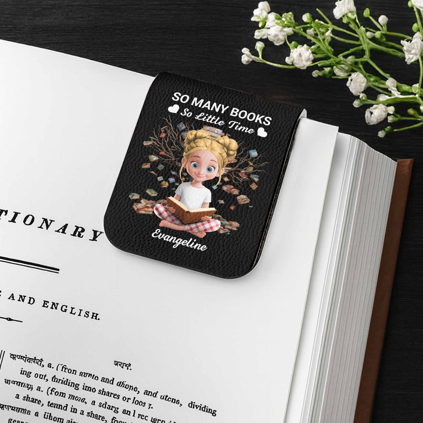 So Many Books So Little Time, Girl Reading Among Leaves - Personalized Custom Leather Bookmark - BLV007_LBMARK