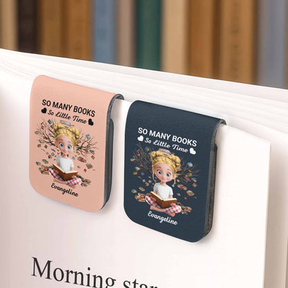 So Many Books So Little Time, Girl Reading Among Leaves - Personalized Custom Leather Bookmark - BLV007_LBMARK