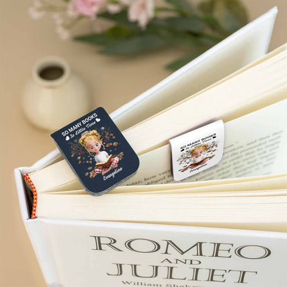 So Many Books So Little Time, Girl Reading Among Leaves - Personalized Custom Leather Bookmark - BLV007_LBMARK