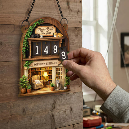 Books Read This Year Personalized Tracker With Library Scene And Cats - Personalized Custom Tracker Sign - BLV018_TRASIG