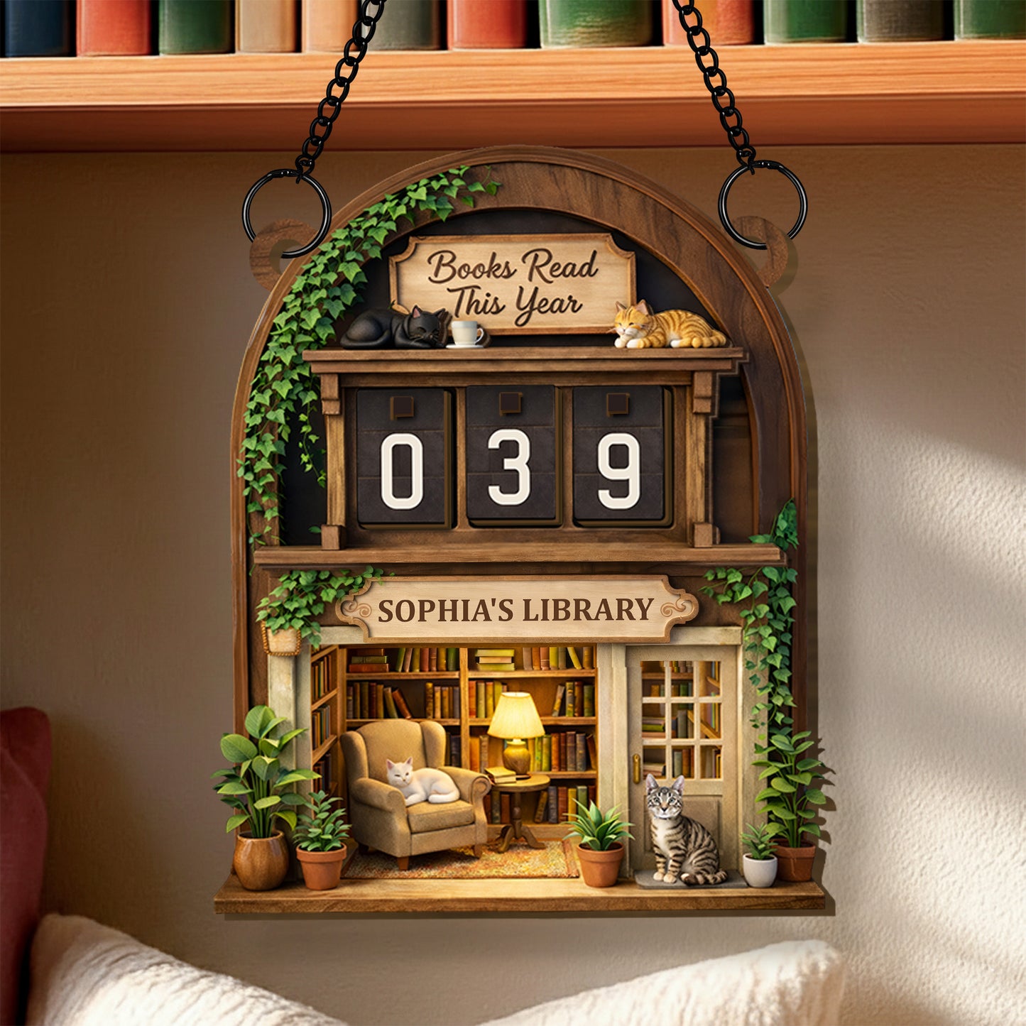 Books Read This Year Personalized Tracker With Library Scene And Cats - Personalized Custom Tracker Sign - BLV018_TRASIG