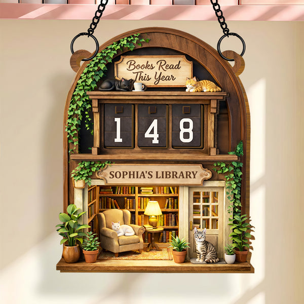 Books Read This Year Personalized Tracker With Library Scene And Cats - Personalized Custom Tracker Sign - BLV018_TRASIG