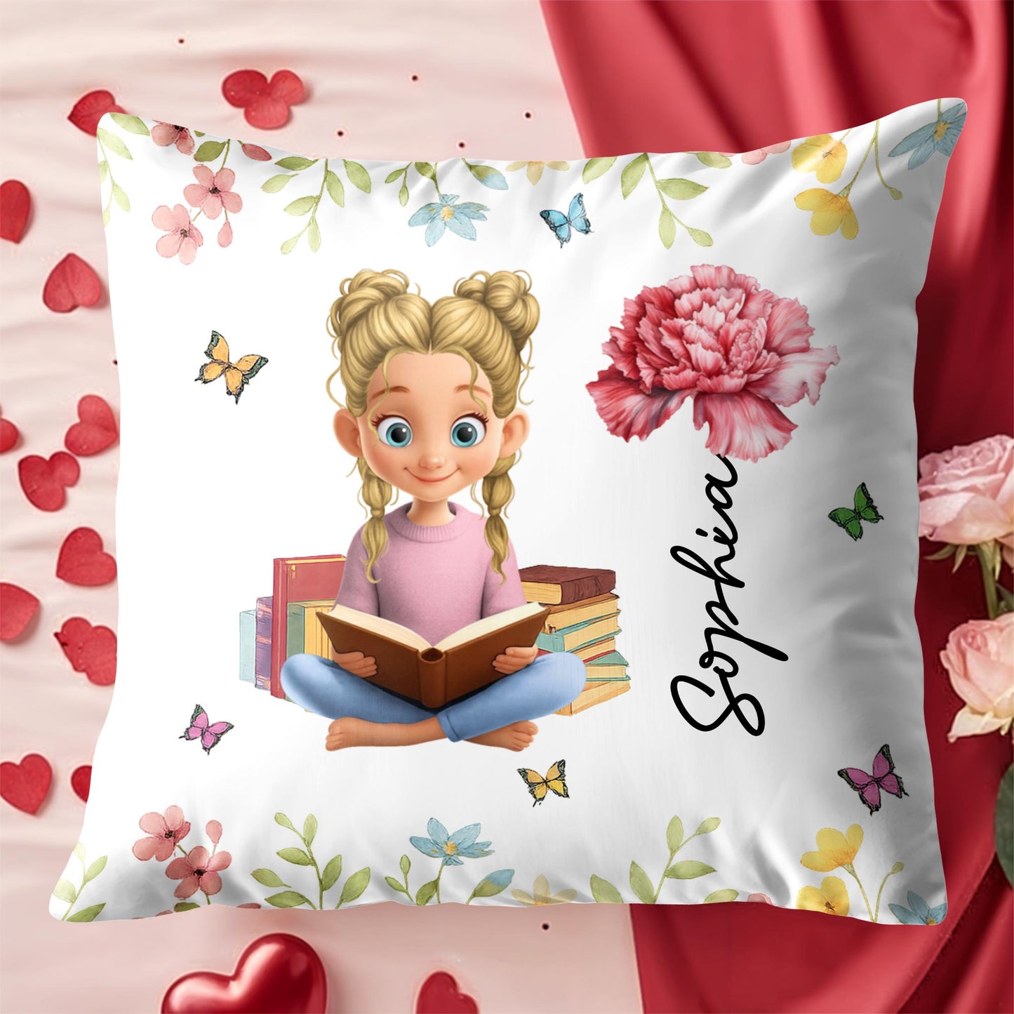 A Celebration Of Reading And Nature With Girl, Books, Butterflies, Flowers