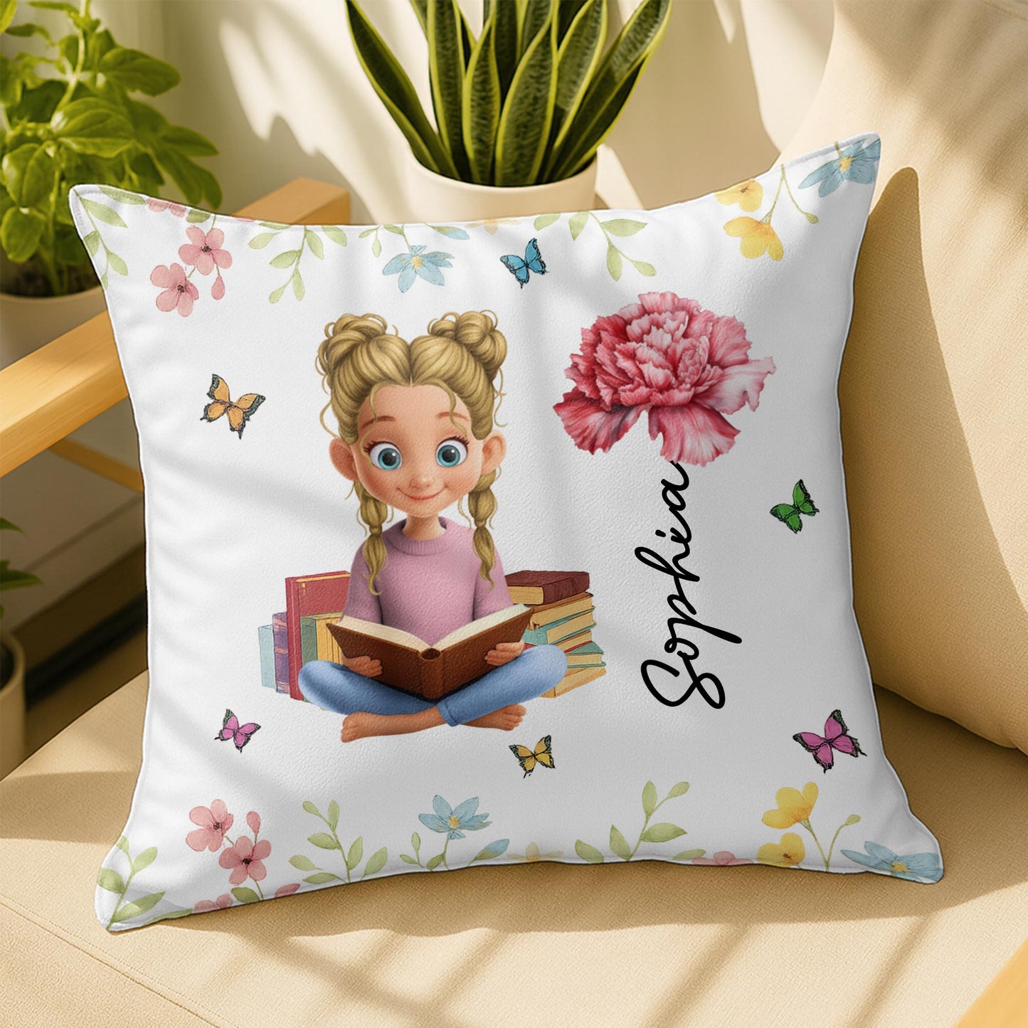 A Celebration Of Reading And Nature With Girl, Books, Butterflies, Flowers