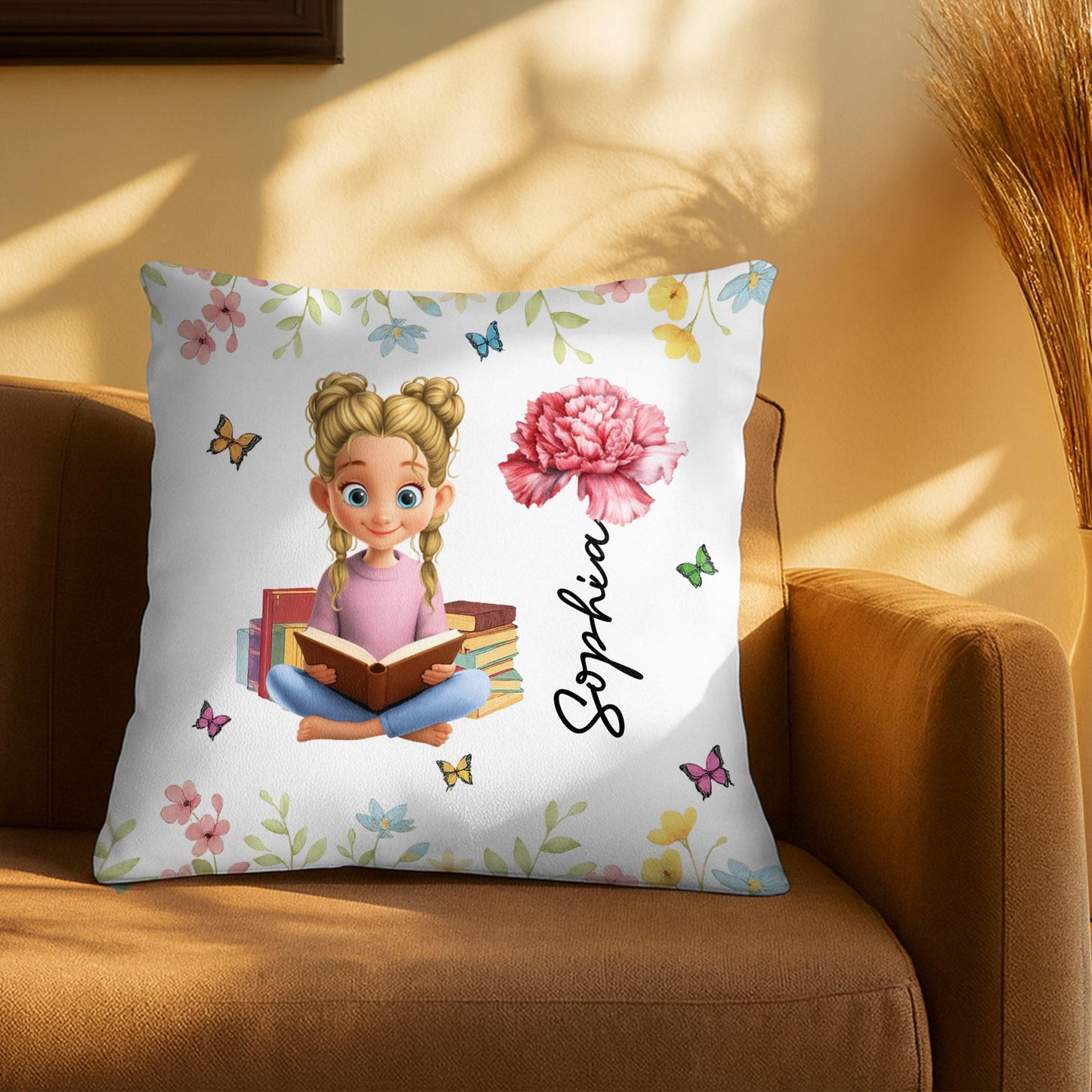 A Celebration Of Reading And Nature With Girl, Books, Butterflies, Flowers