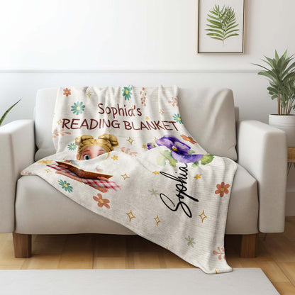 Jessica's Reading Blanket Featuring a Reading Girl and Flowers - Personalized Custom Blanket - BLV062_BLK