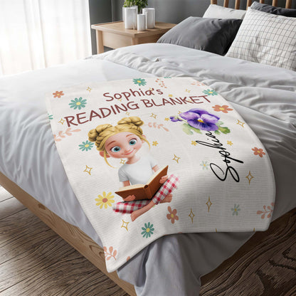 Jessica's Reading Blanket Featuring a Reading Girl and Flowers - Personalized Custom Blanket - BLV062_BLK