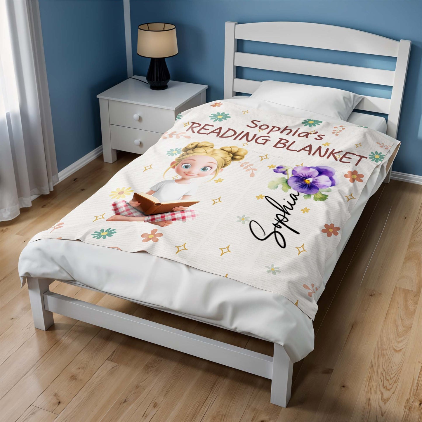 Jessica's Reading Blanket Featuring a Reading Girl and Flowers - Personalized Custom Blanket - BLV062_BLK