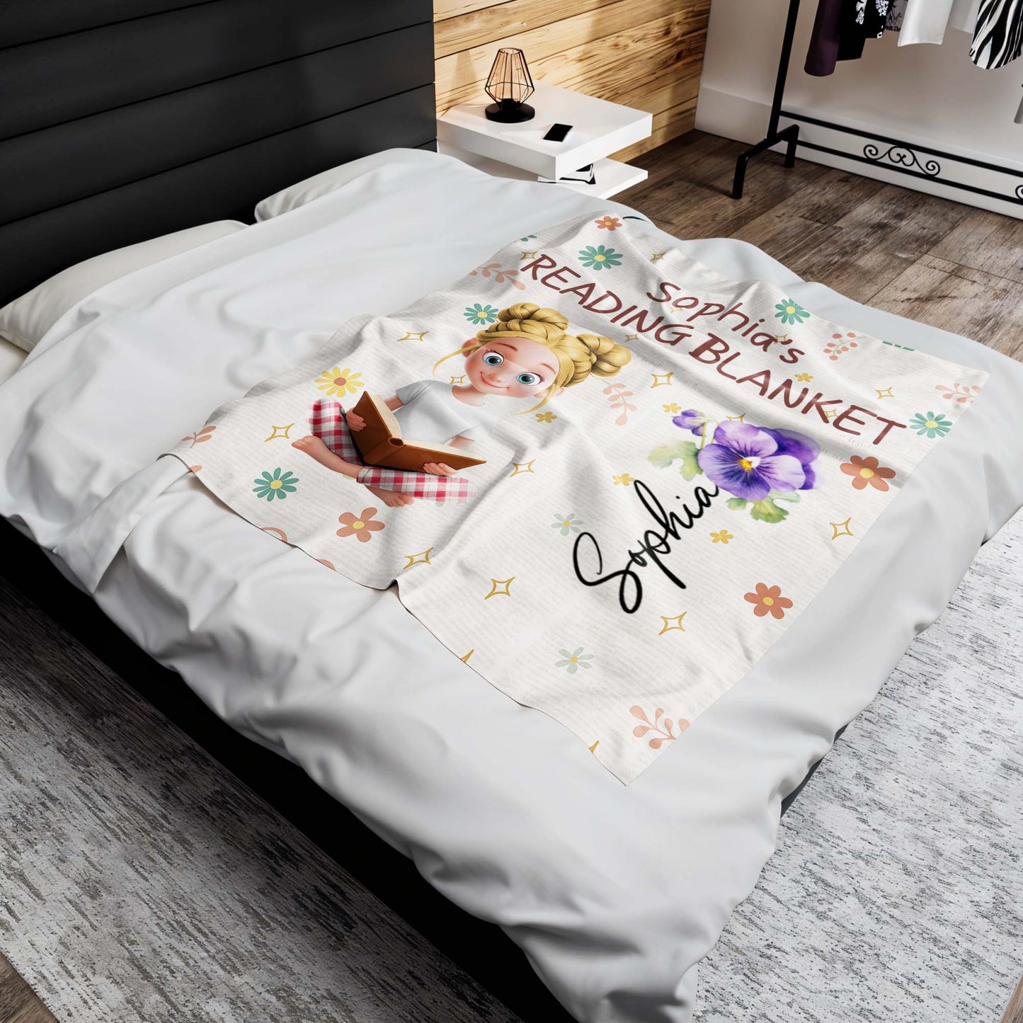 Jessica's Reading Blanket Featuring a Reading Girl and Flowers - Personalized Custom Blanket - BLV062_BLK