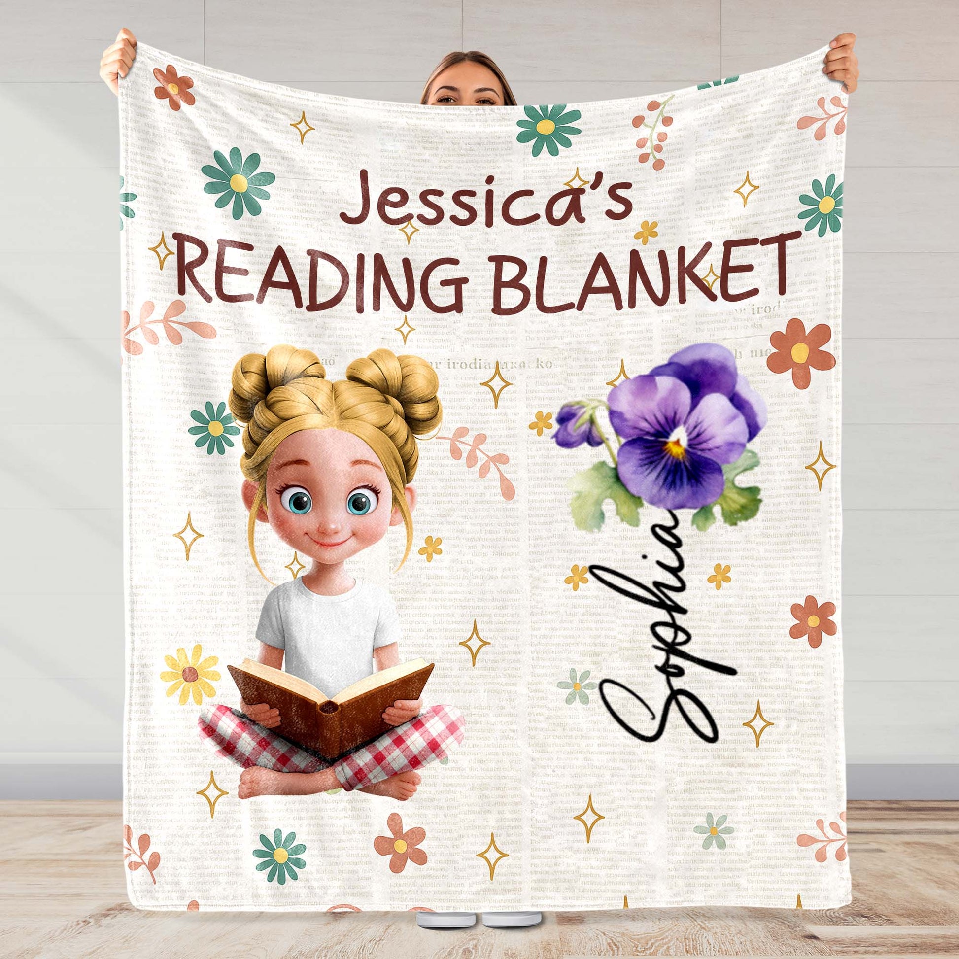 Jessica's Reading Blanket Featuring a Reading Girl and Flowers