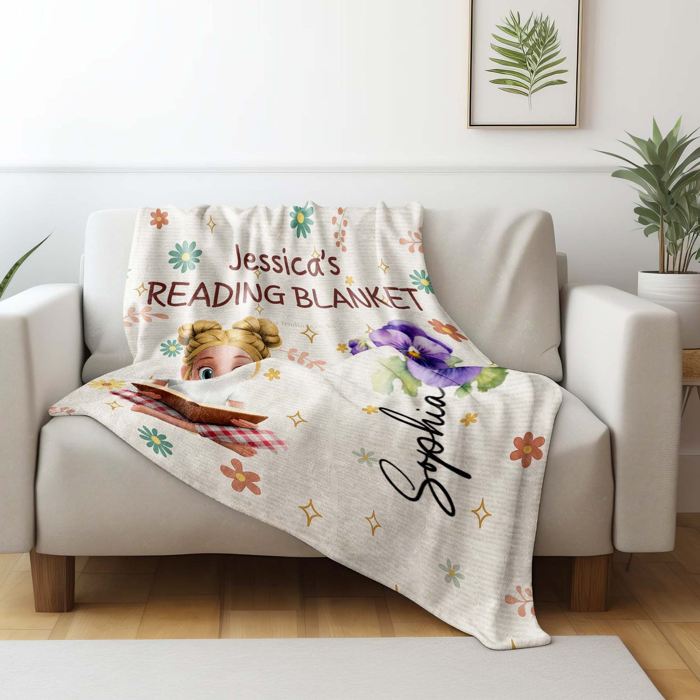Jessica's Reading Blanket Featuring a Reading Girl and Flowers