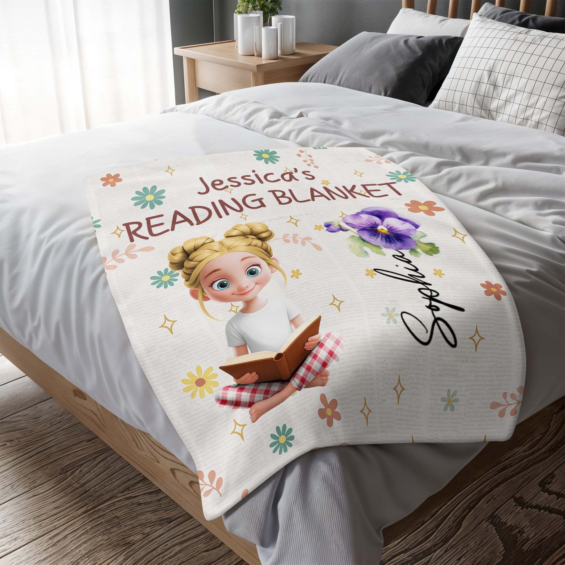 Jessica's Reading Blanket Featuring a Reading Girl and Flowers