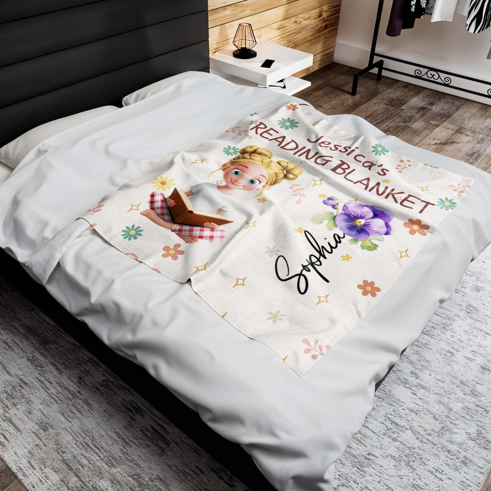 Jessica's Reading Blanket Featuring a Reading Girl and Flowers