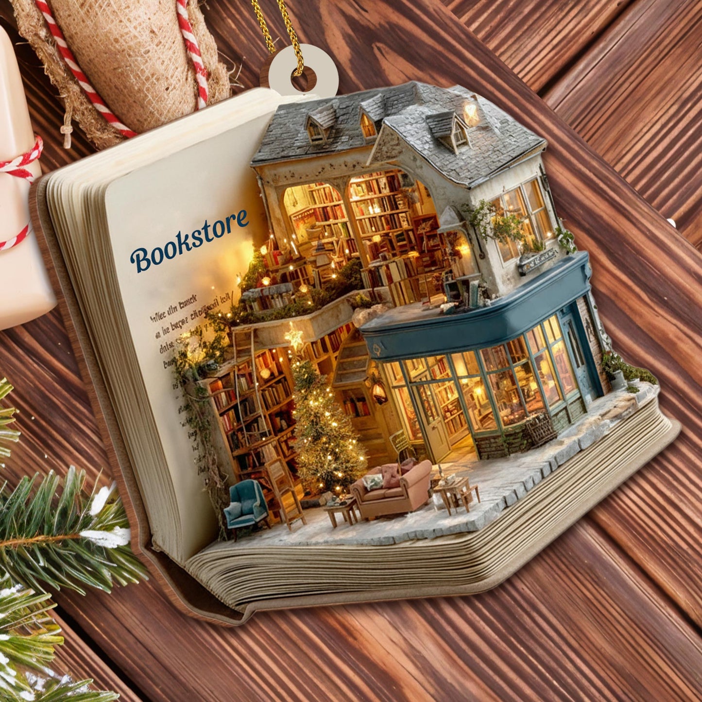 A Cozy Bookstore Scene, Christmas Lights