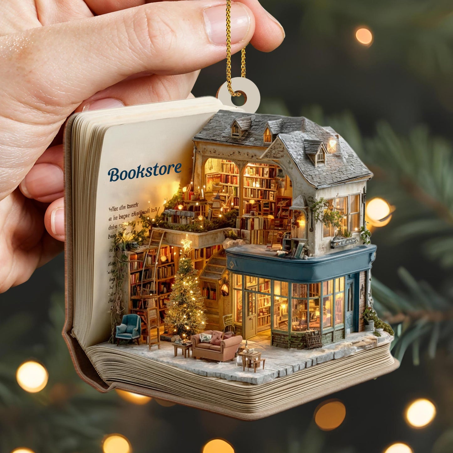 A Cozy Bookstore Scene, Christmas Lights