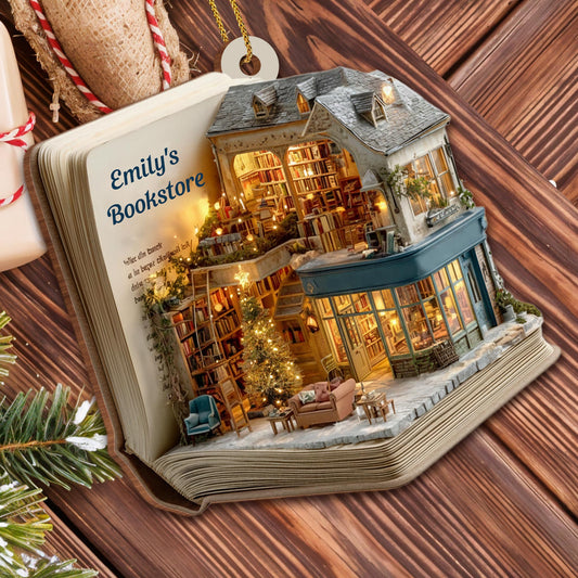 A Cozy Bookstore Scene, Christmas Lights - Personalized Custom Wood Ornament, Custom Shaped - BLV075_WDO