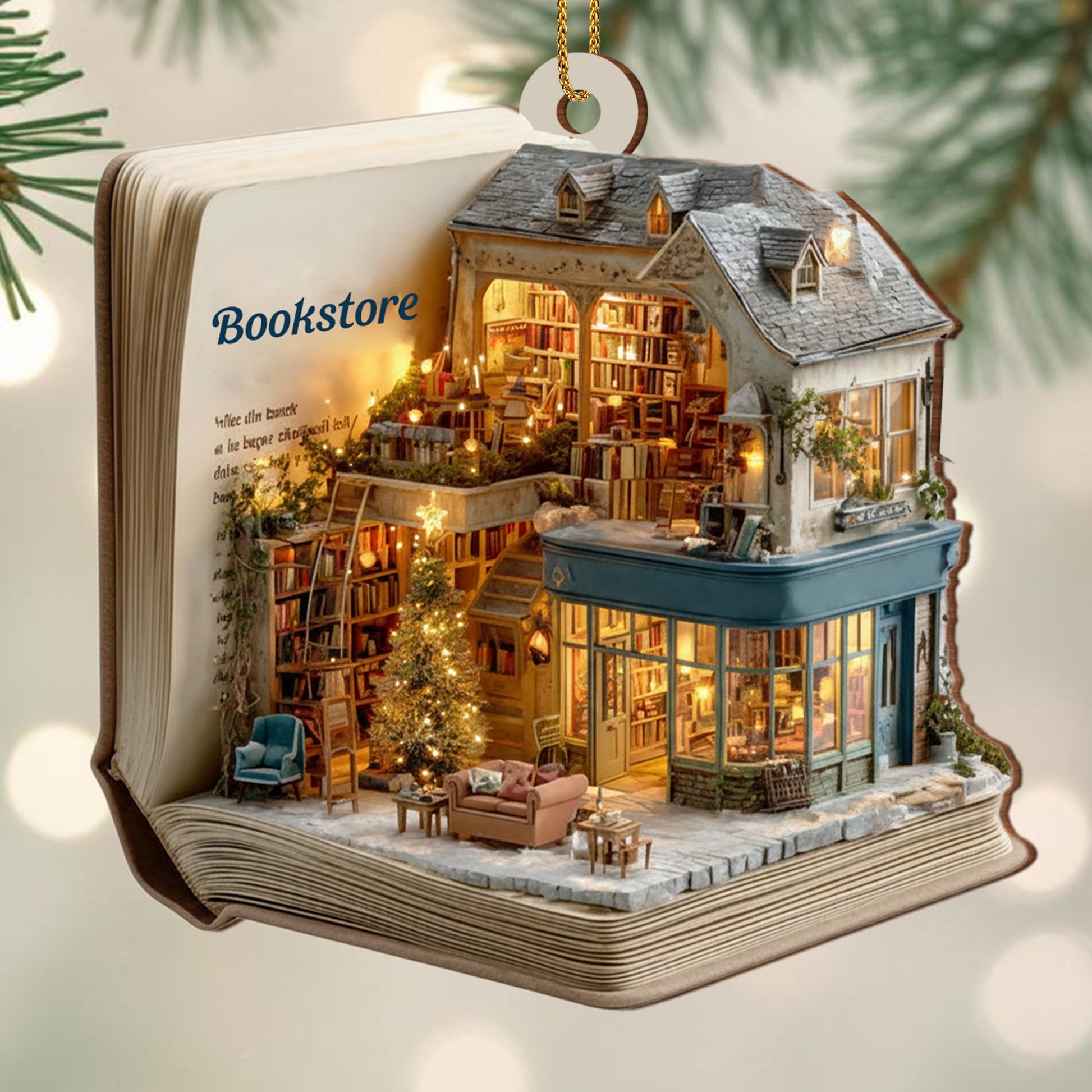 A Cozy Bookstore Scene, Christmas Lights