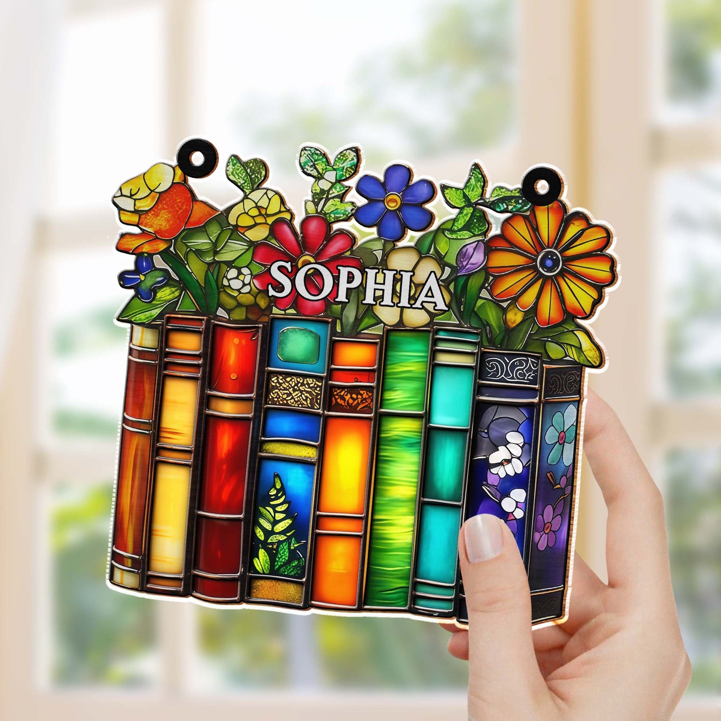 A Library Of Life And Color Where Stories Bloom With Flowers - Personalized Custom Suncatcher - BLV085_CSUN