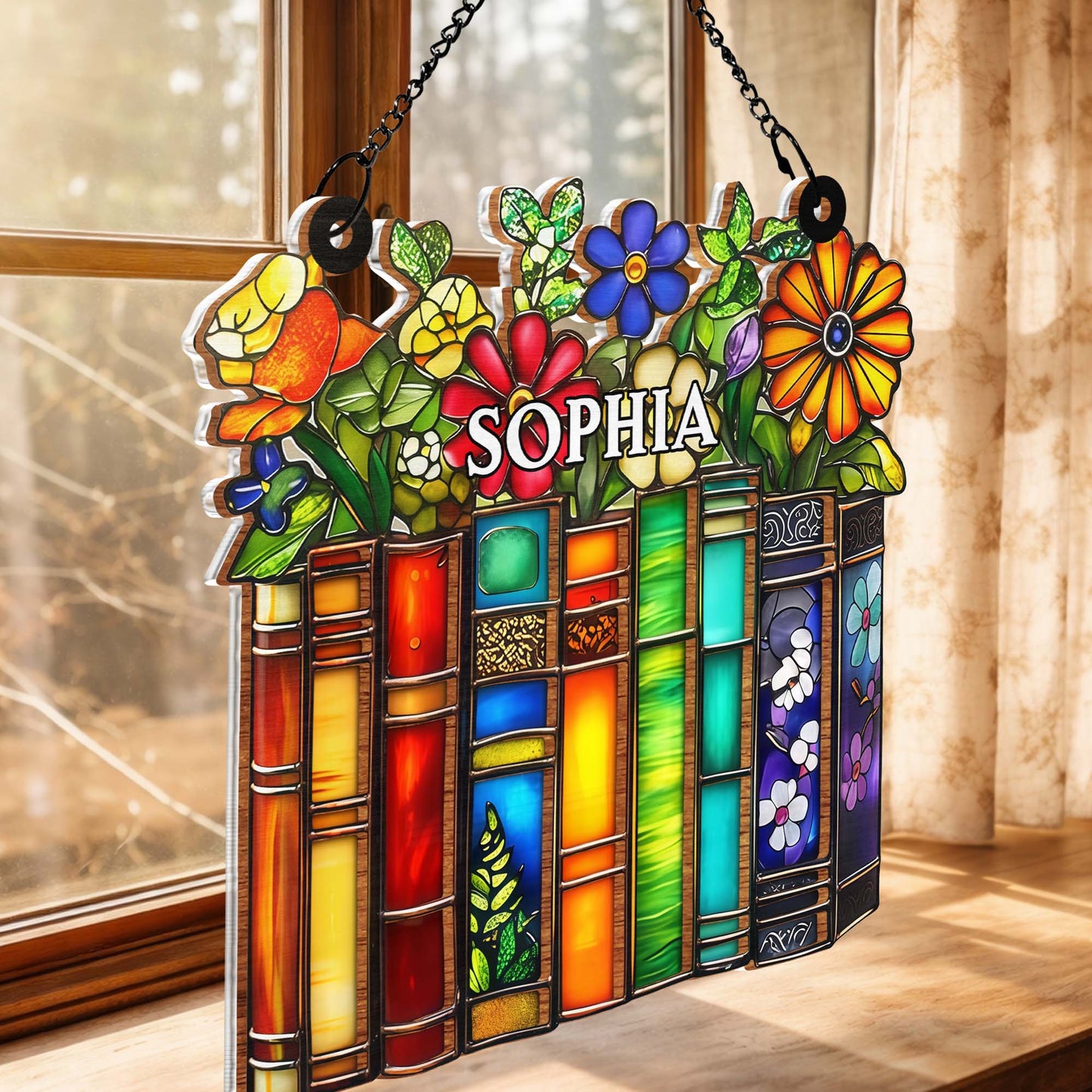A Library Of Life And Color Where Stories Bloom With Flowers - Personalized Custom Suncatcher - BLV085_CSUN