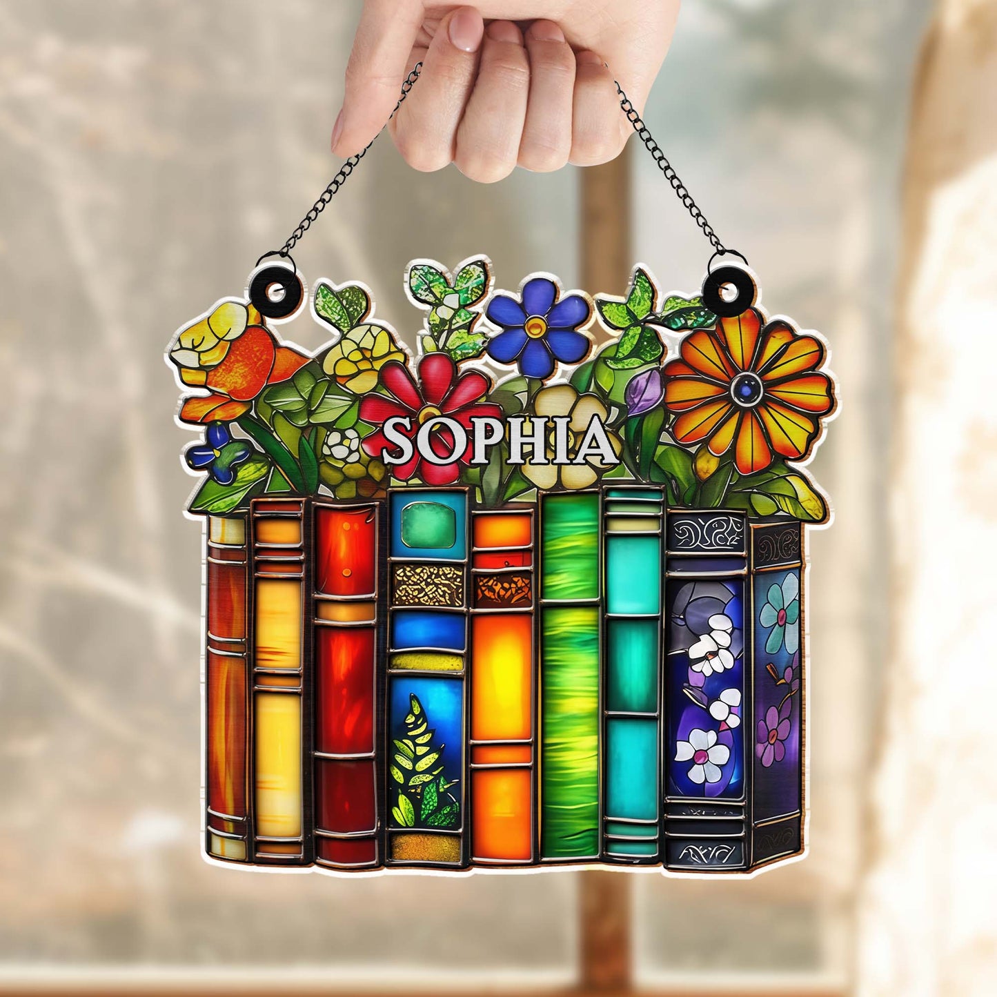 A Library Of Life And Color Where Stories Bloom With Flowers - Personalized Custom Suncatcher - BLV085_CSUN