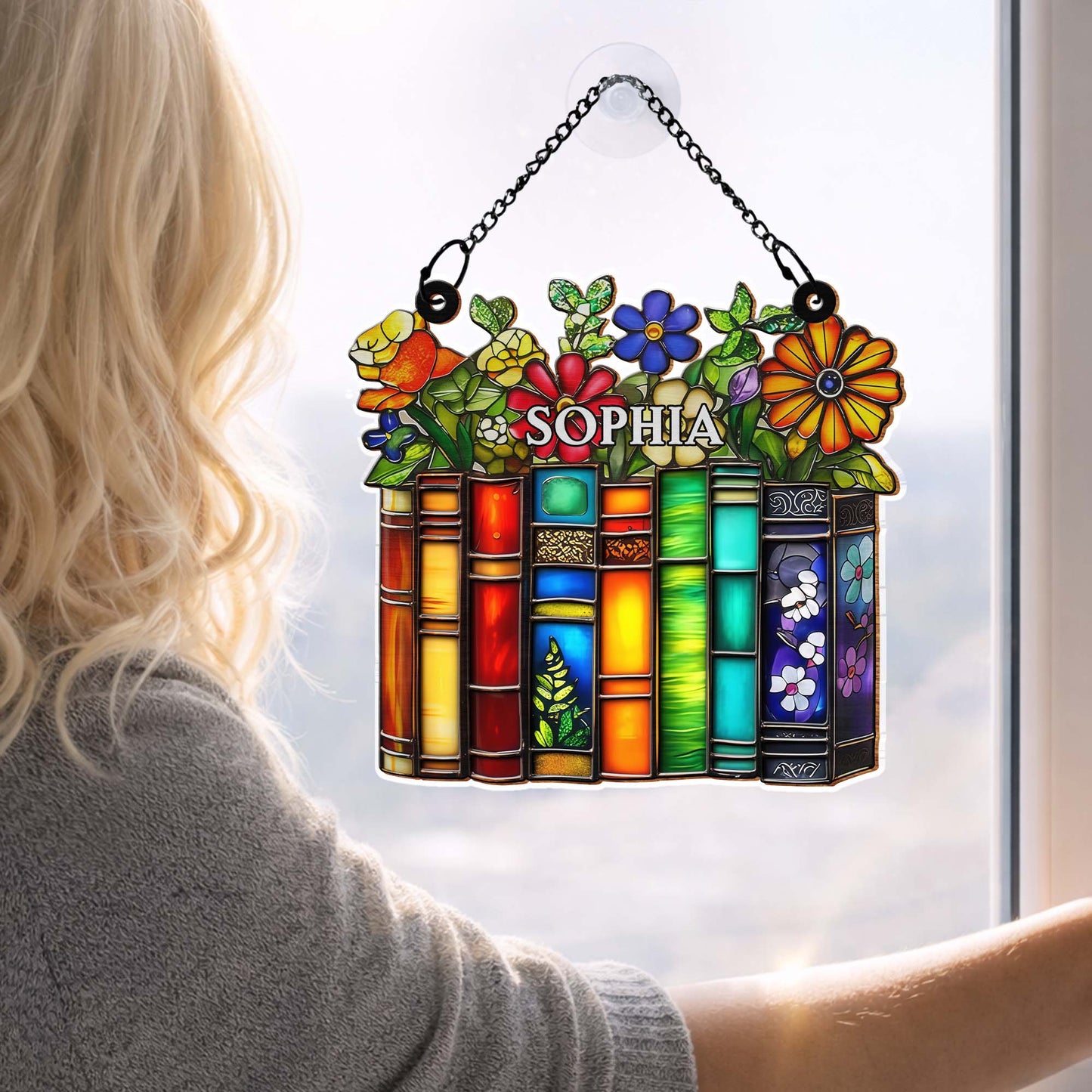 A Library Of Life And Color Where Stories Bloom With Flowers - Personalized Custom Suncatcher - BLV085_CSUN