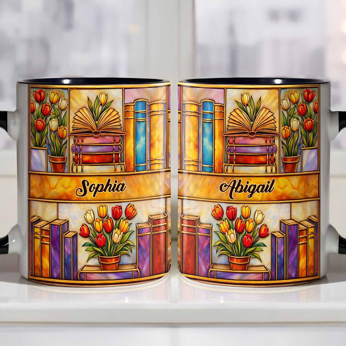 Stained Glass Style Library With Tulips And Books For Readers