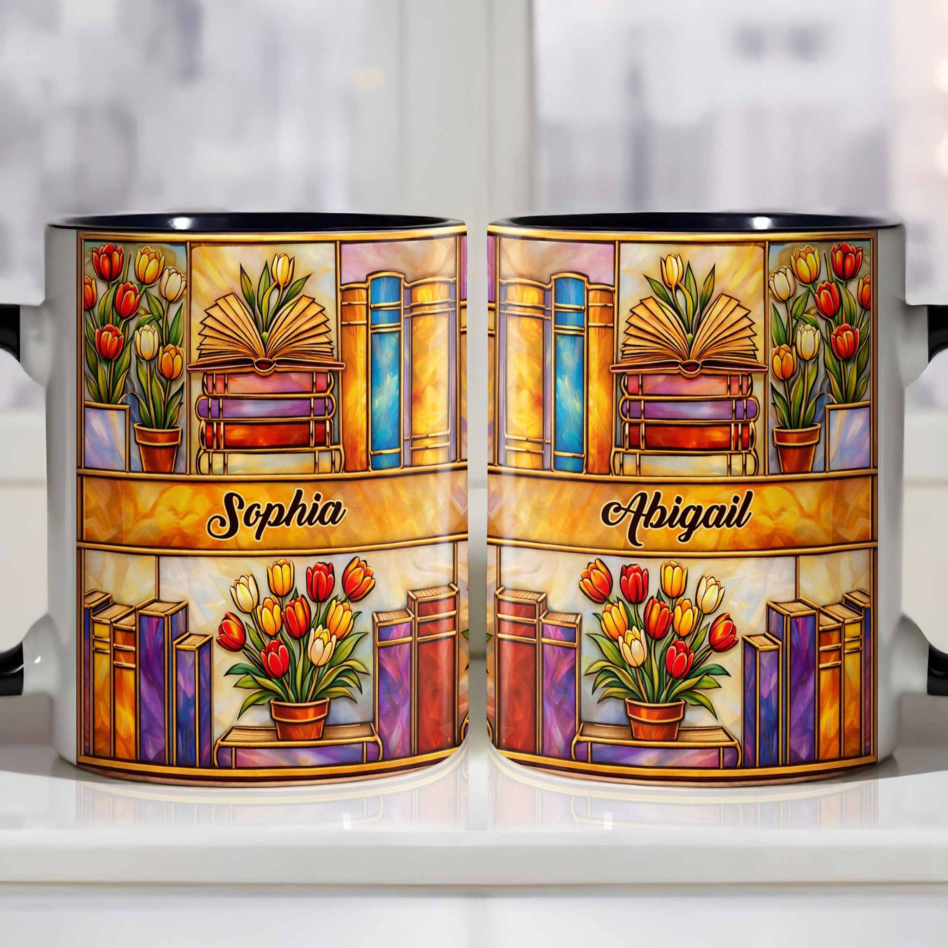 Stained Glass Style Library With Tulips And Books For Readers