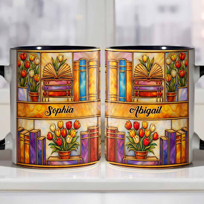 Stained Glass Style Library With Tulips And Books For Readers