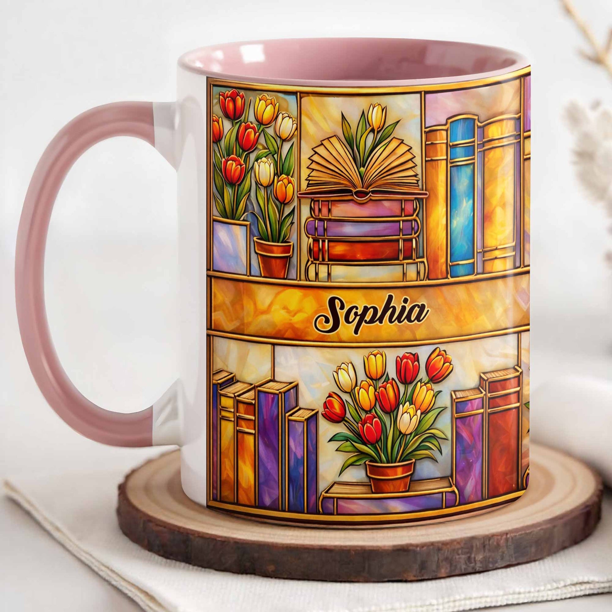 Stained Glass Style Library With Tulips And Books For Readers