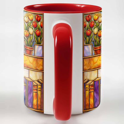 Stained Glass Style Library With Tulips And Books For Readers