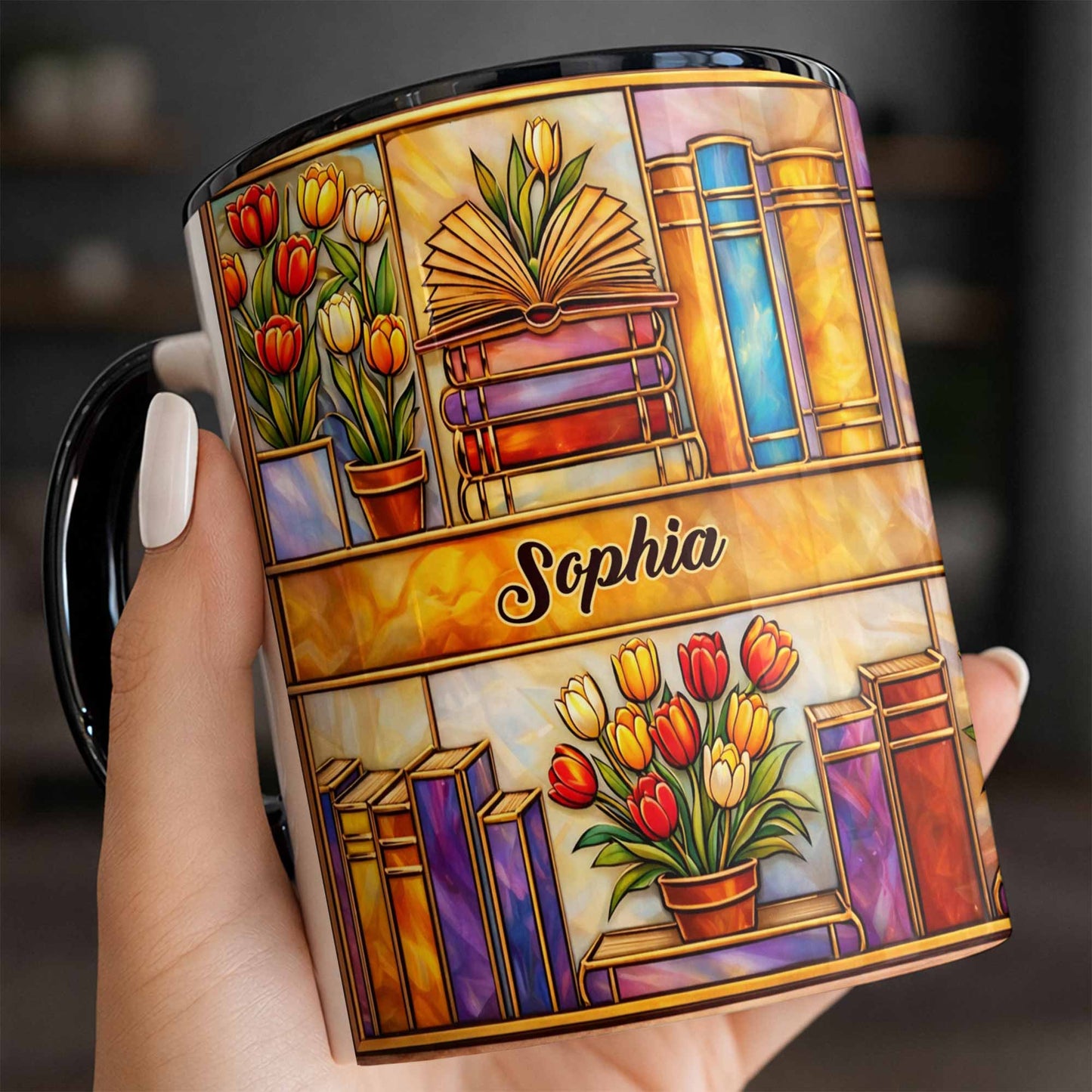 Stained Glass Style Library With Tulips And Books For Readers