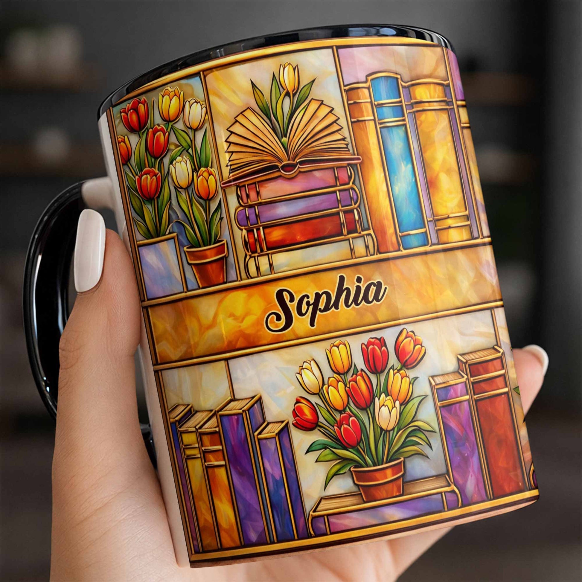 Stained Glass Style Library With Tulips And Books For Readers