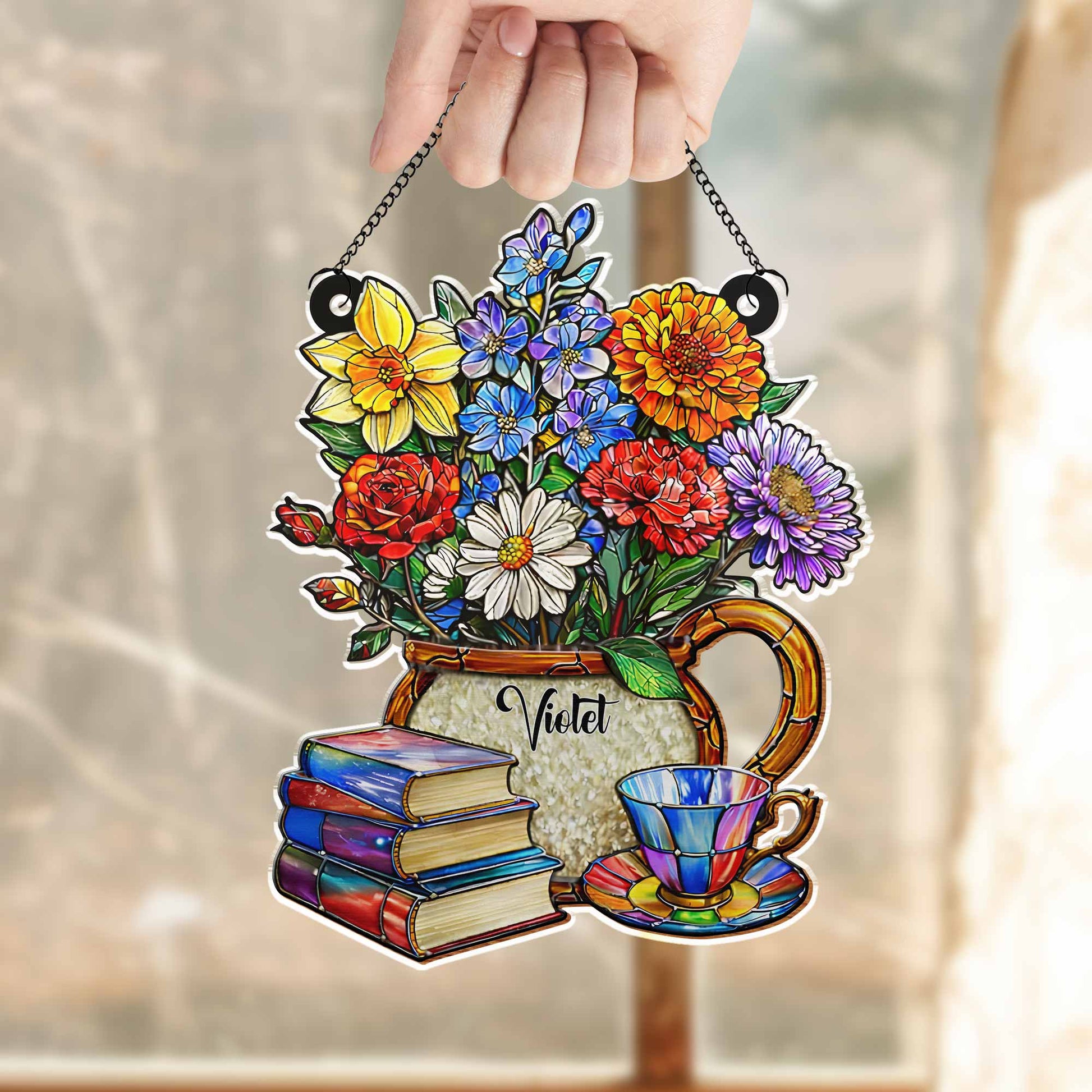 A Beautiful Bouquet Of Flowers With Books And Tea Personalized Suncatcher