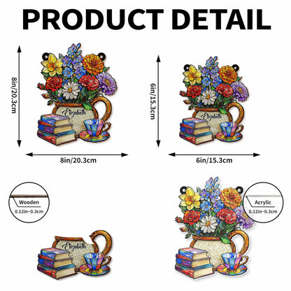 A Beautiful Bouquet Of Flowers With Books And Tea Personalized Suncatcher