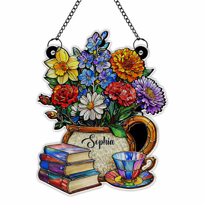 A Beautiful Bouquet Of Flowers With Books And Tea Personalized Suncatcher
