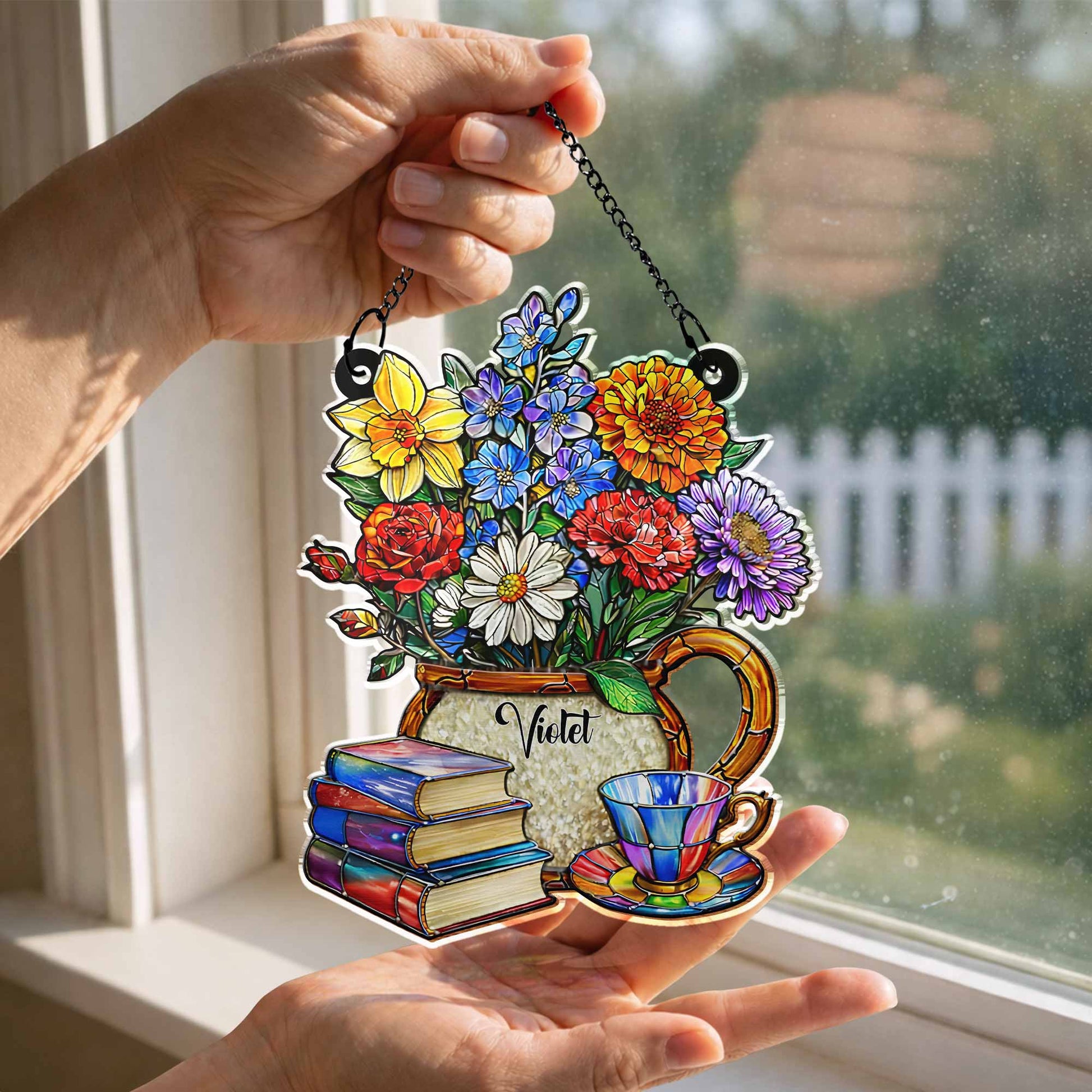 A Beautiful Bouquet Of Flowers With Books And Tea Personalized Suncatcher