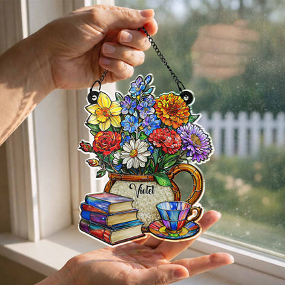 A Beautiful Bouquet Of Flowers With Books And Tea Personalized Suncatcher