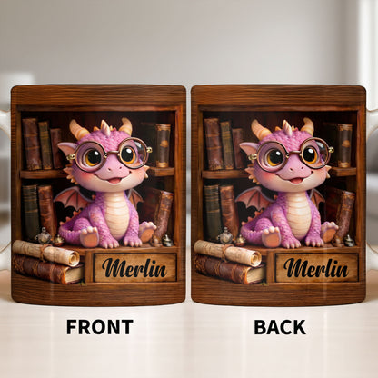 Cute Baby Dragon With Glasses, Books And Scrolls Wooden Bookshelf