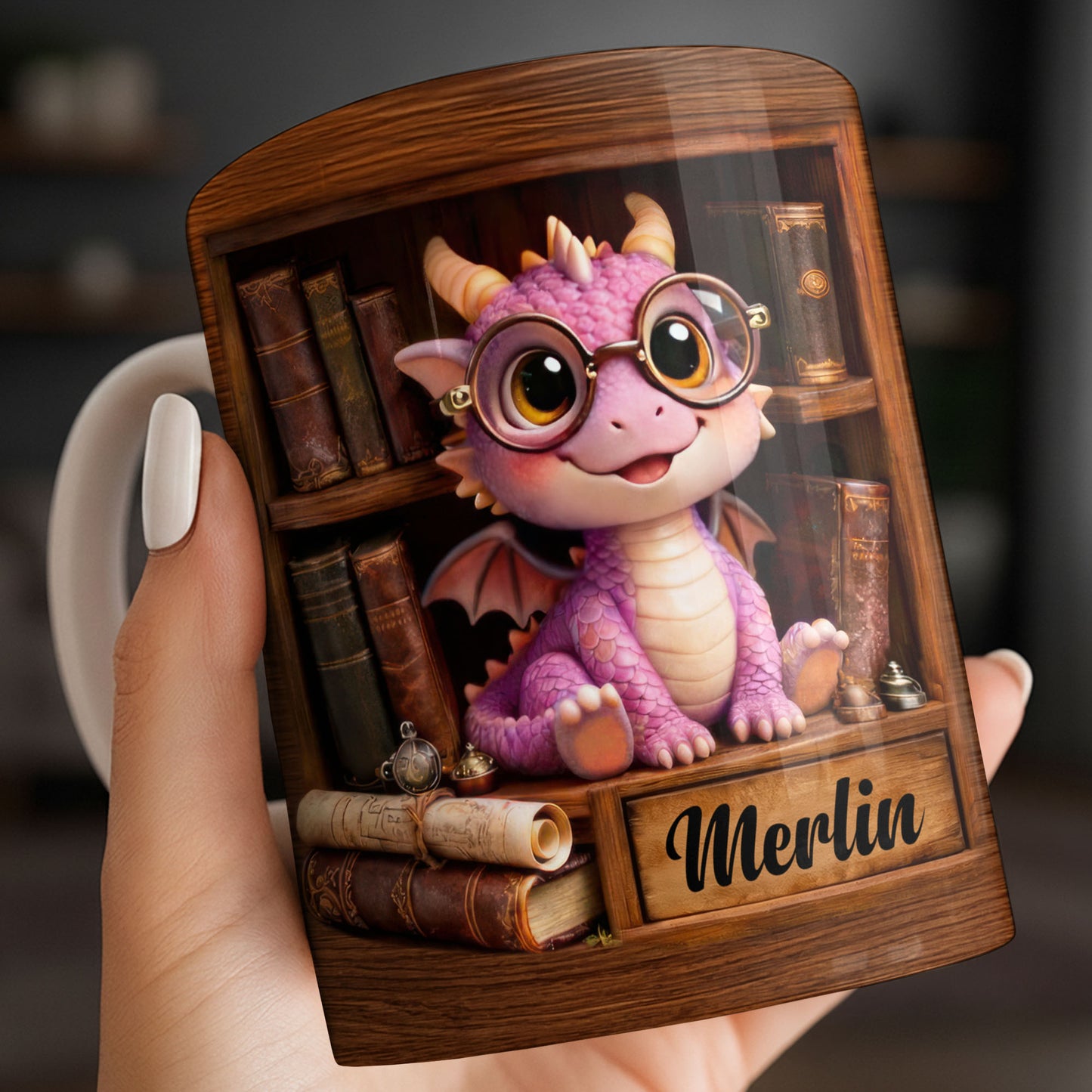 Cute Baby Dragon With Glasses, Books And Scrolls Wooden Bookshelf
