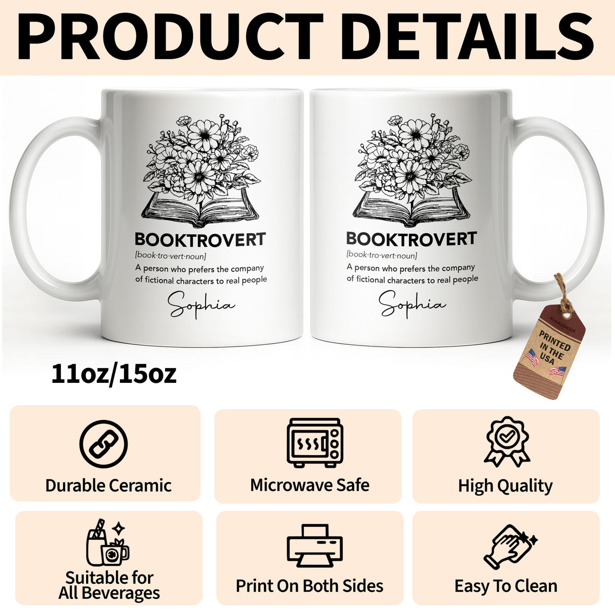 Booktrovert Definition With Flowers And Open Book - Personalized Custom Coffee Mug - BLV114_MG