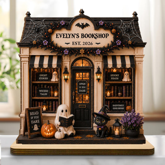 My Bookshop Open If You Dare Ghost And Black Cat - Personalized Custom 2-Layer Wood Plaque With Flat Base - BLV128_WPLA