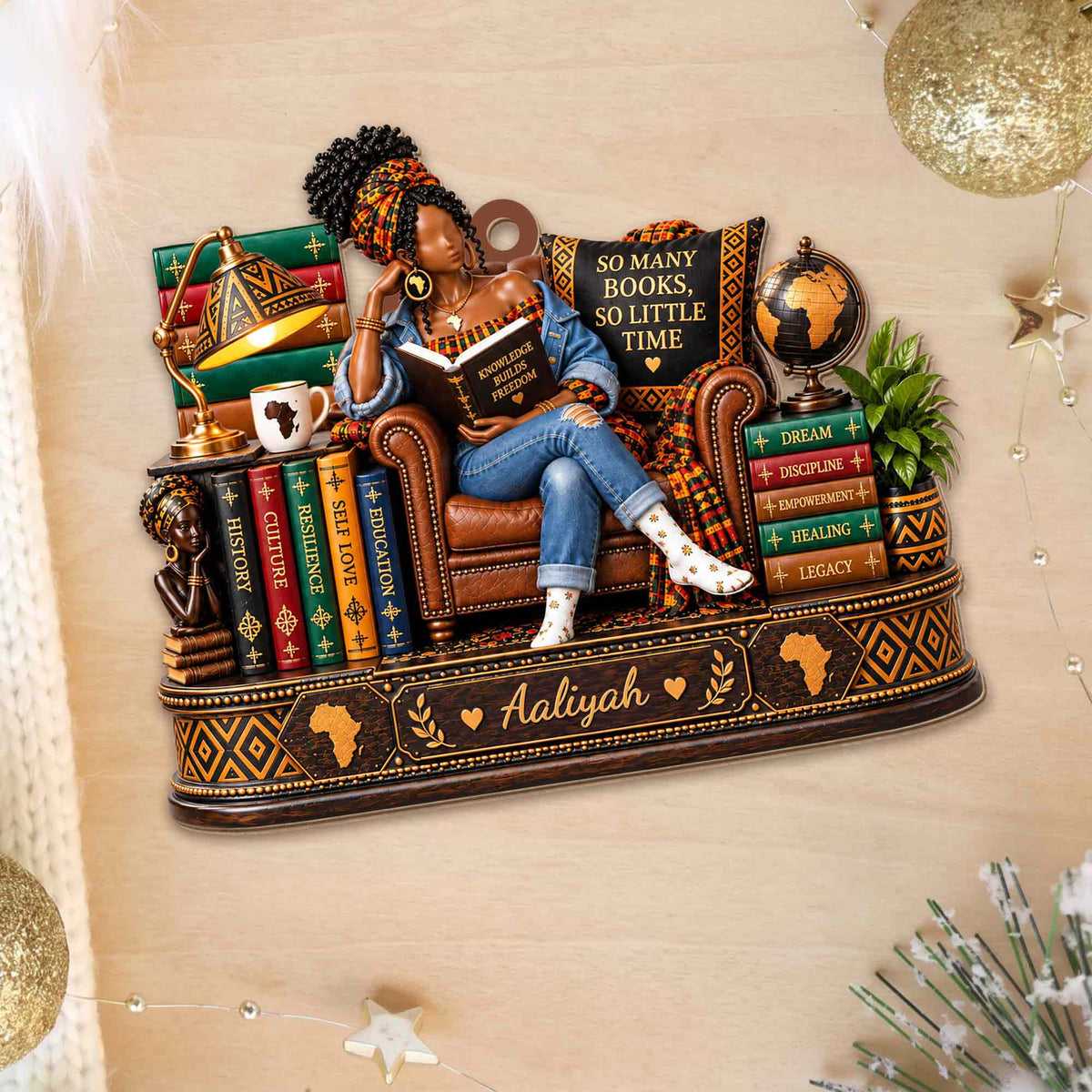 So Many Books So Little Time African American Woman Reading On Chair - Personalized Custom Wood Ornament, Custom Shaped - BLV148_WDO