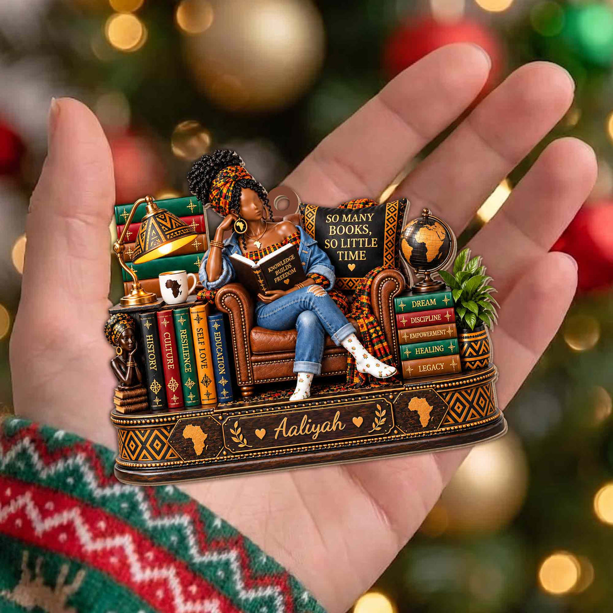 So Many Books So Little Time African American Woman Reading On Chair - Personalized Custom Wood Ornament, Custom Shaped - BLV148_WDO